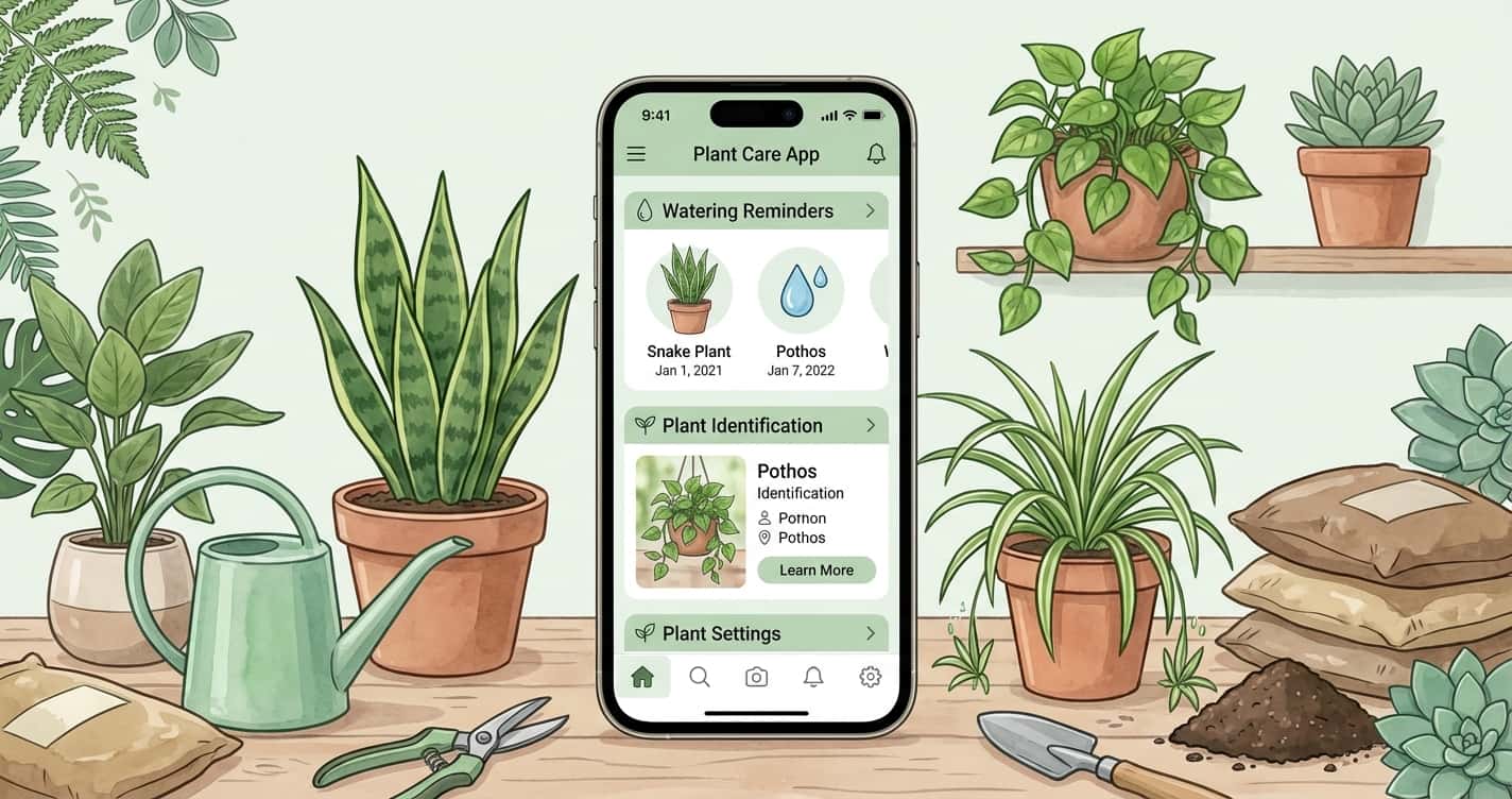 Plant care app on a phone beside a houseplant
